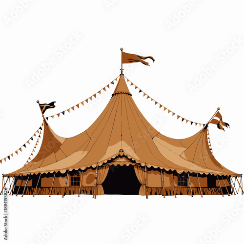 Spectacular Large Circus Tent with Colorful Flags and Majestic Peaks Celebrating Classic Big Top Entertainment Under Blue Sky