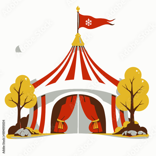 Colorful Big Top Circus Tent with Striped Design, Flying Flag, and Surrounding Autumn Trees Against a Blue Sky Backdrop