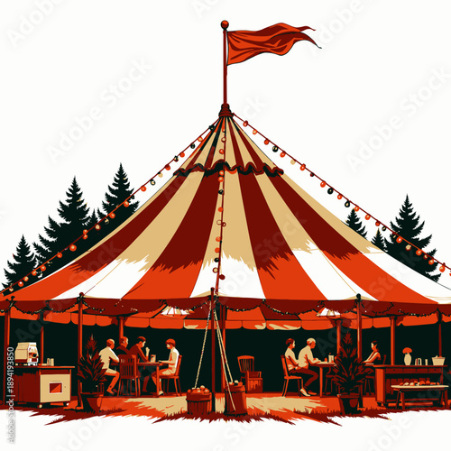 Colorful Carnival Tent with Illuminated String Lights and People Enjoying Conversations and Refreshments in a Scenic Outdoor Setting