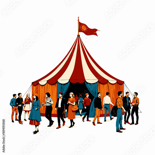 Colorful Circus Tent with Socializing Adults Against a Clear Sky Underneath a Waving Flag Depicting Festive Atmosphere