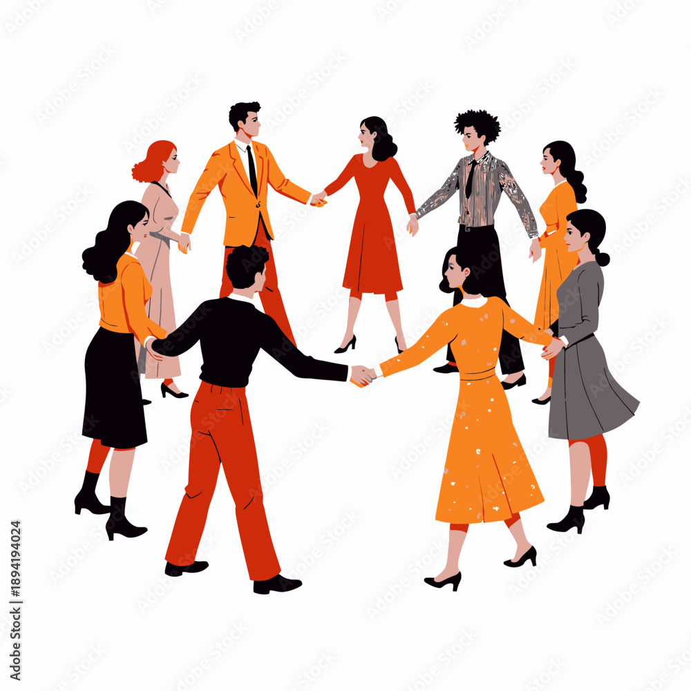 Obraz premium A diverse group of people joining hands in a circle, symbolizing unity, cooperation, teamwork, and community engagement through shared goals and collaboration.