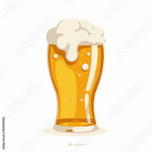 Illustration of a Full Glass of Amber Beer with Frothy Foam Overflowing Over the Rim Capturing Refreshing Essence and Vibrant Golden Hues in Minimalist Style