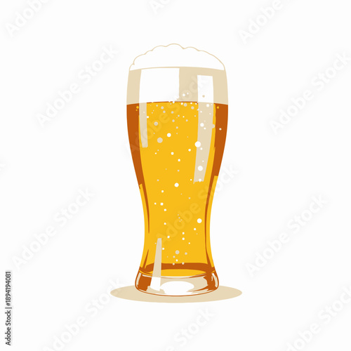 Tall Glass of Golden Beer with Frothy Foam on Top Exhibiting Sparkling Bubbles Against Clean White Background