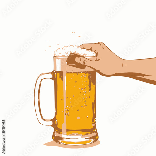 Refreshing Glass Mug of Golden Beer with Foamy Head Being Leveled by Hand Against White Background Illustrating Beverage Perfection