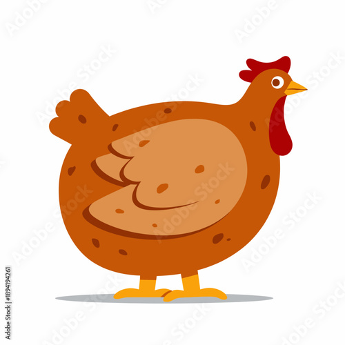Cartoon Illustration of a Plump Brown Hen with Distinct Red Comb Standing on a White Background with Simple Details and Bold Colors