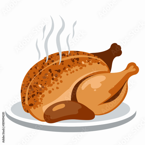 Illustration of a roasted whole chicken steaming hot and seasoned perfectly served on a white plate showcasing delicious culinary presentation