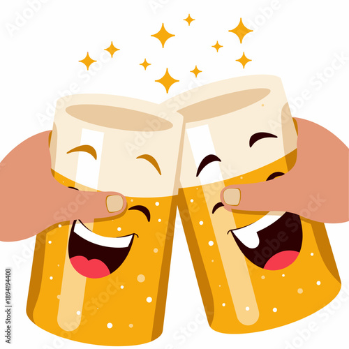 Cartoon illustration of two clinking beer glasses with happy expressions creating a festive and joyful atmosphere, symbolizing celebration and social gatherings
