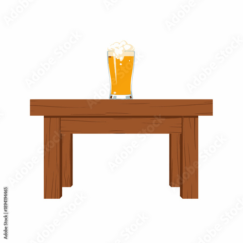 Illustration of a Frothy Beer Pint Glass Set Atop a Wooden Table in a Minimalist Setting
