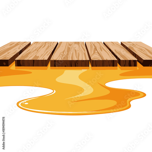Illustration of Wooden Planks and Golden Liquid Flowing Across a Smooth Surface Creating a Reflective and Glossy Finish