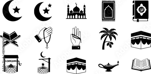 set of vector Islamic religious icons and symbols