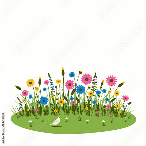 Vibrant Array of Wildflowers with Diverse Colors in a Serene Meadow Featuring a Single Bird
