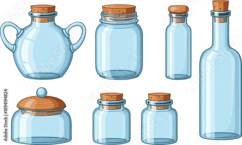 Set of empty glass jars and bottles with cork lids in different shapes, transparent container collection for kitchen storage and packaging design