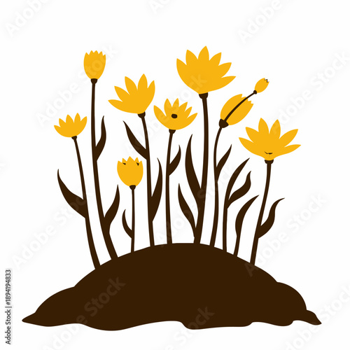 Vibrant yellow flowers emerging from a lush mound of soil, showcasing the beauty of nature's colorful blossoms and graceful green leaves reaching upwards