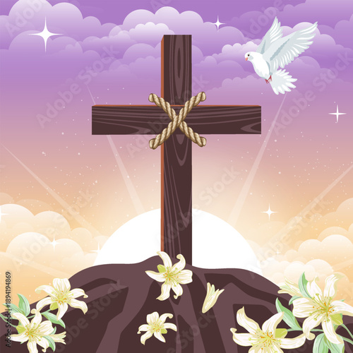 Wooden Christian Cross on Calvary Hill with White Dove and Easter Lilies