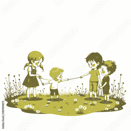 Illustration of Children Joyfully Playing Tug-of-War in a Meadow, Surrounded by Daisies and Green Grass, Showcasing Teamwork and Friendship Among Young Kids