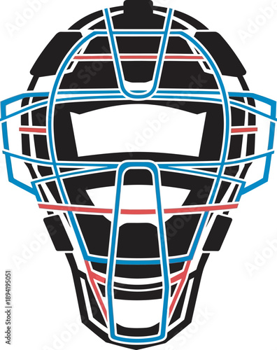 Professional baseball catcher mask vector in a vibrant multi-color design. High-quality silhouette featuring protective blue and red wire cage. Ideal for sports branding, umpire logos, team equipment.
