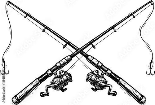 Detailed woodcut illustration of crossed fishing rods on a white