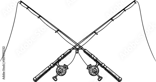 Detailed woodcut illustration of crossed fishing rods on a white