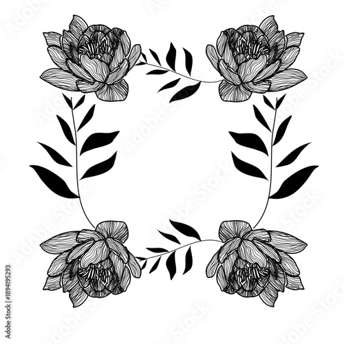Cornice floreale simmetrica in stile lineart, illustrazione vettoriale nera