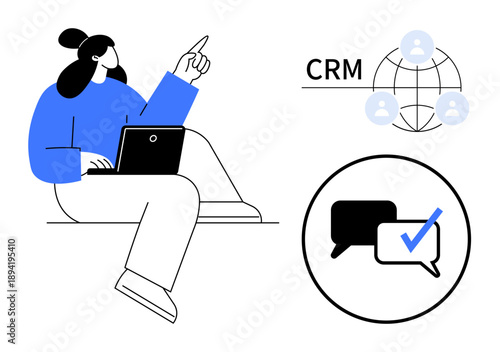 Woman operating laptop, CRM diagram with global connections, communication icons. Ideal for marketing, communication, business strategy, CRM systems, teamwork software leadership. Clean simple flat
