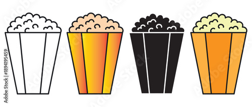 A delightful collection of popcorn buckets in various styles, perfect for movie night illustrations