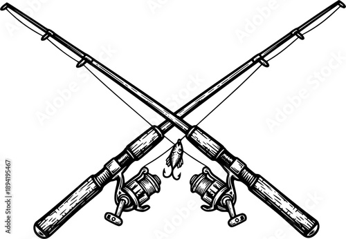 Detailed woodcut illustration of crossed fishing rods on a white