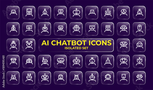 Machine Learning and Artificial Intelligence Line Icon Set on Dark Blue Background