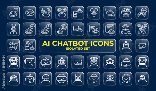 Machine Learning and Artificial Intelligence Line Icon Set on Dark Blue Background