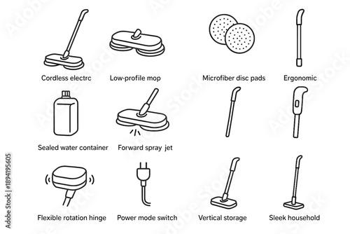 Cordless container port straight water sleek storage icon mop dock microfiber vector