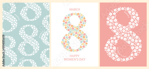 Women's day greeting cards, banners, posters collection decorated with tiny flowers and text. Good for invitations, prints, wallpapers, social media visuals. EPS 10