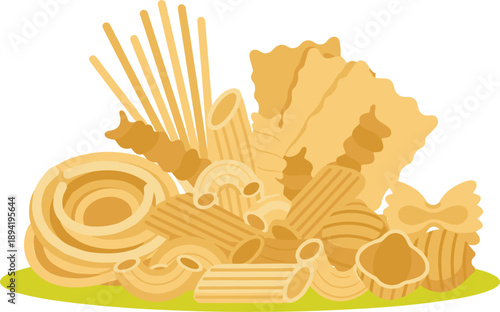 Assorted Italian Pasta Varieties Collection Including Spaghetti Penne Fusilli and Farfalle in Flat Illustration Style