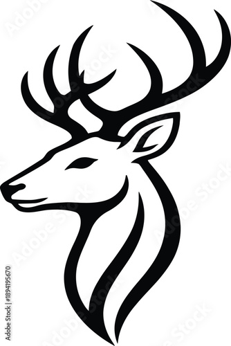 This graphic features a stylized depiction of a deer head, showcasing elegant antlers and a sleek design. The use of bold lines and a monochromatic palette emphasizes the grace and beauty of the anima