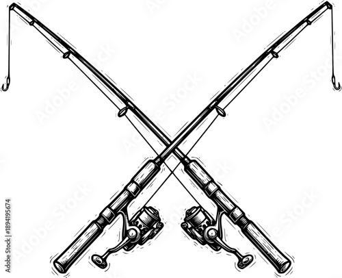 Detailed woodcut illustration of crossed fishing rods on a white