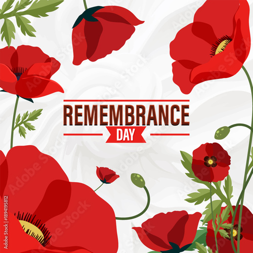 Remembrance Day Background with Red Poppy Flowers and White Space