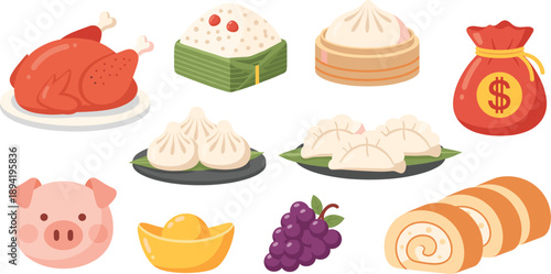 Chinese Food and Symbols Set with Roast Chicken Dumplings Rice Cake and Lucky Money Bag Illustration