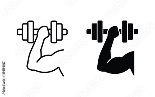 gym icon set featuring flexing biceps and dumbbells for strength training and workout designs. Muscle icon set. Flexed bicep arm icon.