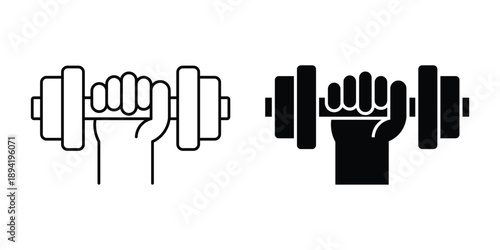 Hand gripping dumbbell icon. Small dumbbell in hand thin line icon, body building concept. outline and filed style icon for mobile or web design.