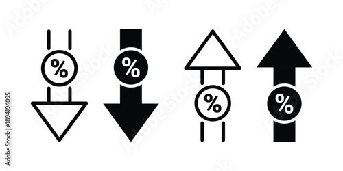 percentage icons. with increase arrow up icon, decrease arrow down icon.  percentage increase and decrease symbols.