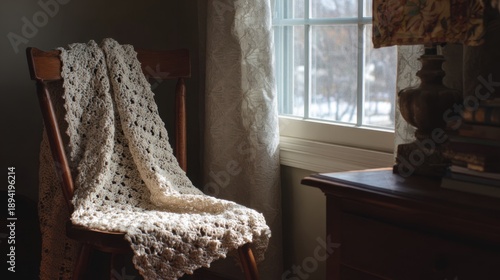 Cozy winter afternoon scene with blanket on chair by sunlit window