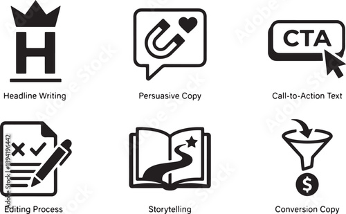 Copywriting & Conversion Icons – Marketing Content and CTA Line Vector Illustration