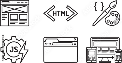 Web Development & UI Design Icons – Coding, Wireframe and Frontend Line Vector Set