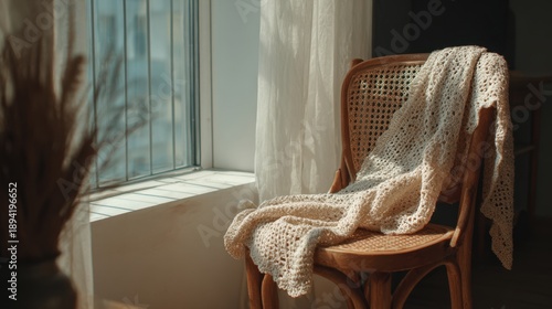 Cozy sunlit corner with wooden chair and knitted blanket near window for calm interior design,national crochet month
