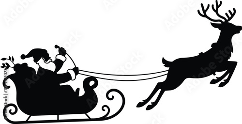 Silhouette of Santa Claus in a sleigh pulled by a single reindeer against a white background Christmas