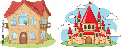 Cute cartoon house and fairy tale castle building set with red roofs, fantasy architecture, children storybook style vector illustration
