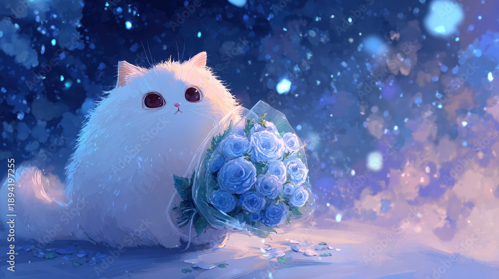 Obraz premium Cute White Fluffy Kitten Holding Glowing Blue Earth Planet in Magical Snowy Winter Wonderland with Stars
