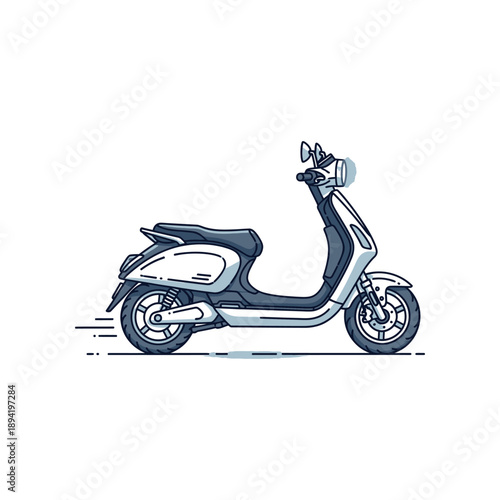 An illustration of a white and black scooter on a road in daytime with motion blur