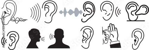 Collection of hearing and ear icons representing auditory perception, communication, and ear health Vector