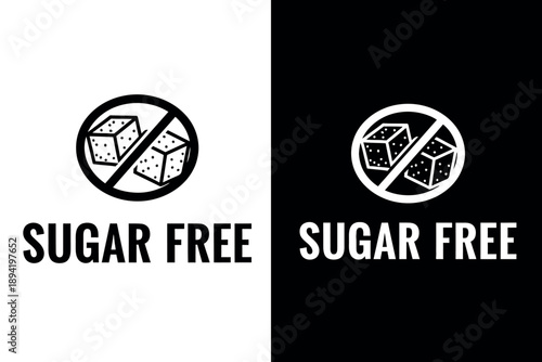 Sugar free logo with a prohibition sign on sugar cubes and