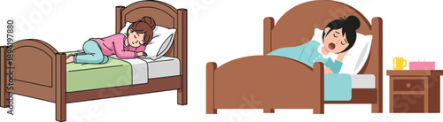 Sick woman and child sleeping in bed with flu symptoms, home care and recovery concept, healthcare support and rest treatment, family health protection, fever and cold illness, flat vector illustrat