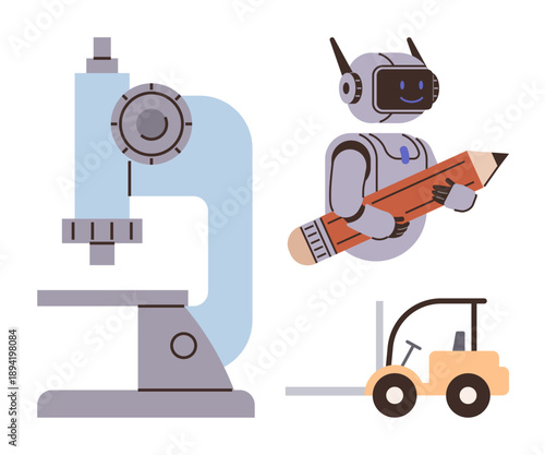Education, creativity, automation, innovation, machinery, research. A microscope, a robot with a pencil and a forklift visual. Education and creativity concepts for modern industries